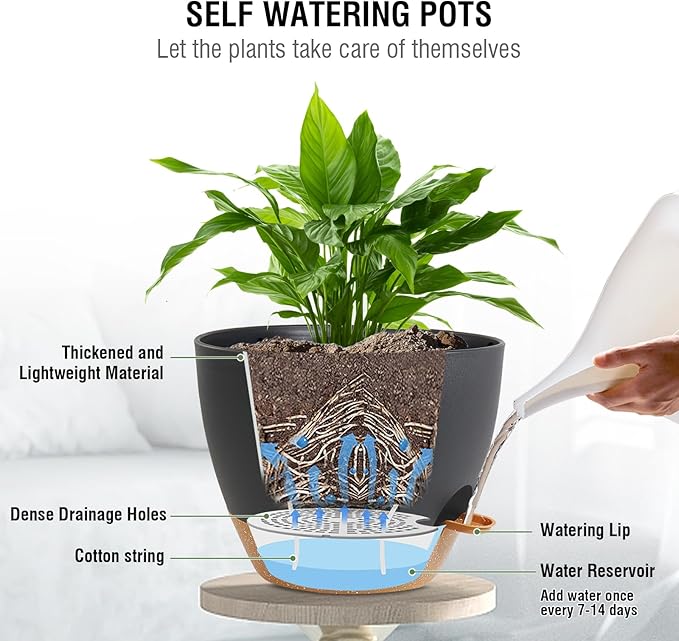 Self Watering Hanging Planters 10 inch, 2 Pack Hanging Flower Pots for Indoor Outdoor Plants, Hanging Baskets with Drainage Holes & 2 Kinds of Plant Hangers for Garden Home Decor, Black Brown