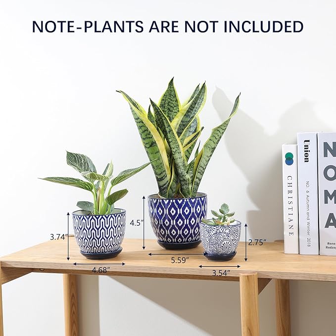 Selamica Ceramic Plant Pots, Indoor Flower Pots for Indoor Plants, 3.5+4.6+5.5 Planters with Drainage Hole & Saucer, Set of 3, Home Decor, Vintage Blue