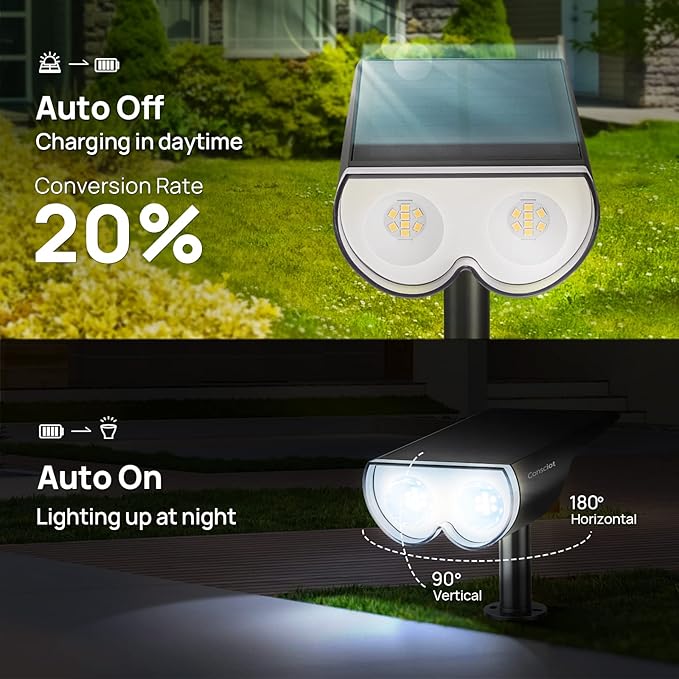 Consciot 16 LEDs IP67 Waterproof Outdoor Solar Spot Lights, Auto On/Off Adjustable for Garden Yard Pathway, 2-in-1 Wall Lights (Cool White, 2 Pack)