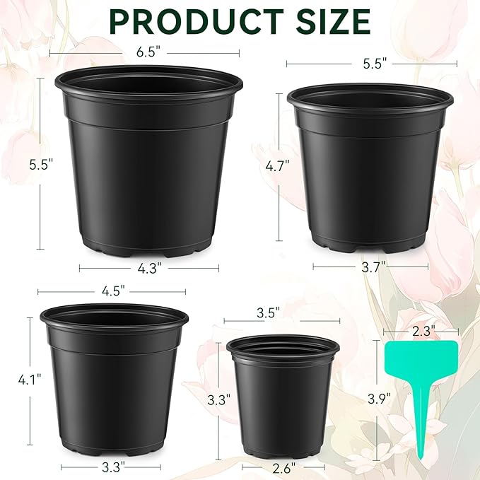 GROWNEER Nursery Pots with Drainage Holes Pack of 24 Pcs 3.5/4.5/5.5/6.5 Inch and Plant Label Flexible Seedling Pots Seed Starting Planter for Indoor Outdoor Flowers Succulents Cactus