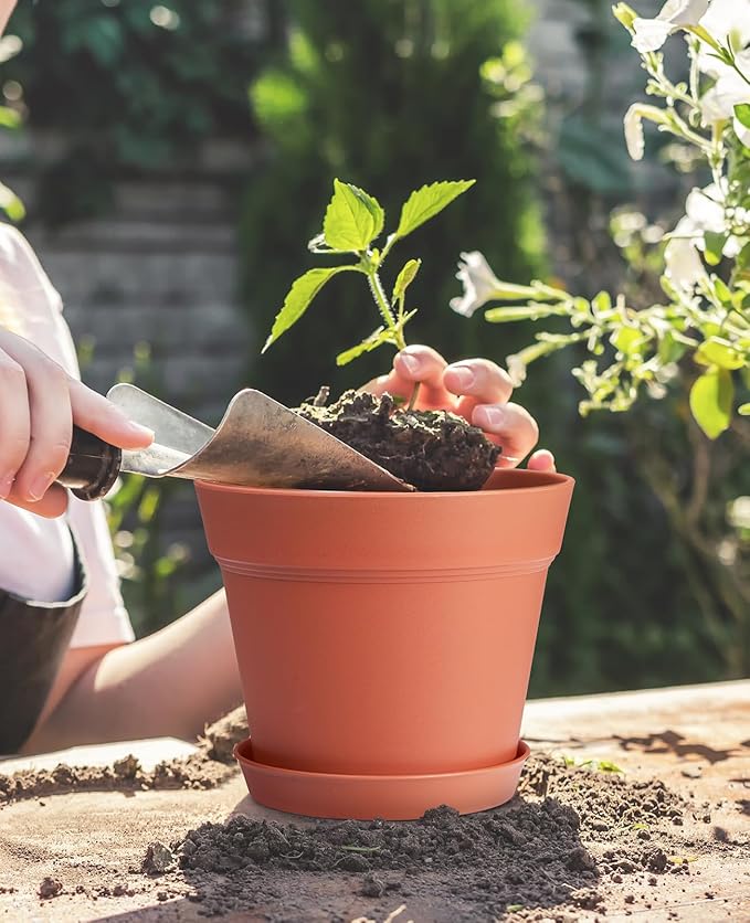 Homenote Pots for Plants, 15 Pack 6 Inch Plastic Planters with Multiple Drainage Holes and Tray - Plant Pots for All Home Garden Flowers Succulents (Terra Cotta)