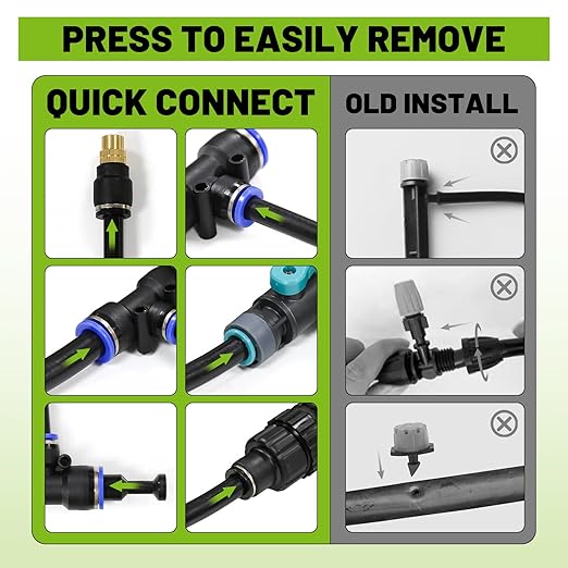 Garden Drip Irrigation Kit, 100ft Black Hose, 360° Adjustable Universal Nozzle, Patio Mist Plant Watering Sprinkler, Comes with Faucet Separator, Sprinkler Hose Adapter (Closeable nozzle-16)