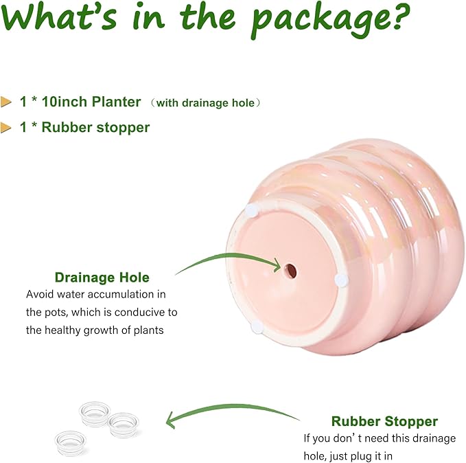 10 inch Ceramic Plant Pots for Indoor Plants, Rainbow Pearl Glaze Planter with Planters for Plants with Drainage Hole, Orchid Pots, Succulent Pot, Large Flower Pot (Pink)