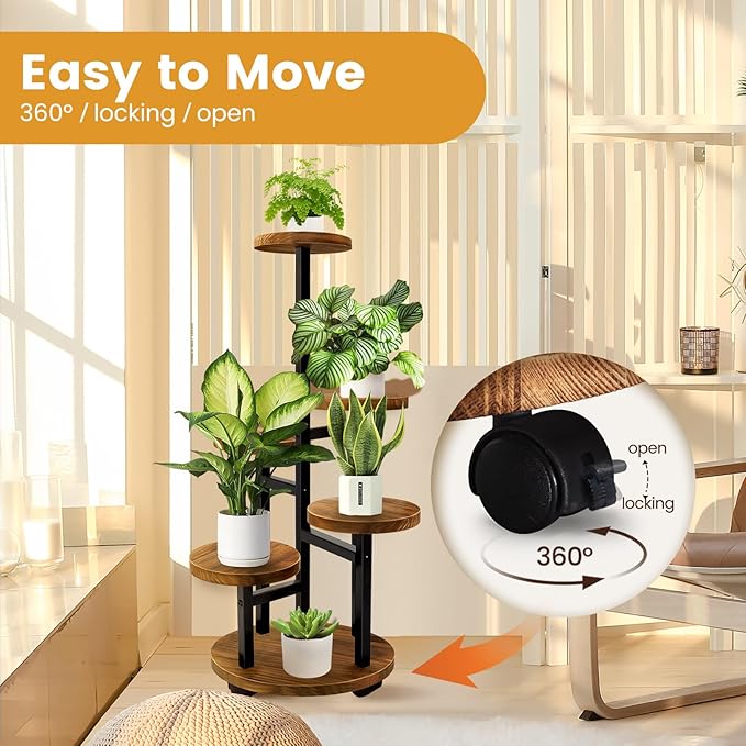 GEEBOBO 5 Tier Plant Stand With 4 Wheels, Metal Wood Tall Plant Stands For Indoor Plants Multiple, Corner Tiered Flower Plants Shelf Stand for Living Room Bedroom, Brown