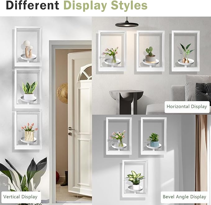 Picture Frame Plant Holder, Wall Mount Plants shelf Indoor Outdoor, Metal Hanging Planters Stand Decor, Window Planter Hanger Shelves, Modern Floating Ornament Rack Art for Home & Garden(White 3pc)