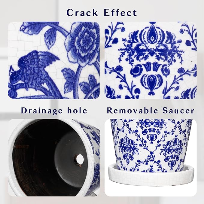 Blue and White Ceramic Pots for Plants, 4.8" + 5.5" Decorative Plant Pots Round Ceramic Planters for Indoor Plants Pots with Drainage Hole Saucers, Retro Planter Pot for Succulents Cactus Flower Pots