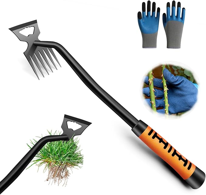 Weed Puller Tool, Artifact Garden Tools, 2024 Upgraded Uprooting Weeding Tool with Gloves, Manganese Steel Weed Remover Tool for Garden, Farm Weeding and Planting(6-Teeth)