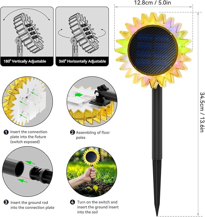 Outdoor Solar Lights, 6 Pack Led Solar Sunflower Lights, Stake/Wall 2-in-1 Waterproof Solar Garden Lights for Yard, Landscape, Fence, Patio, Driveway, Pathway, Backyard Decoration (Colourful)