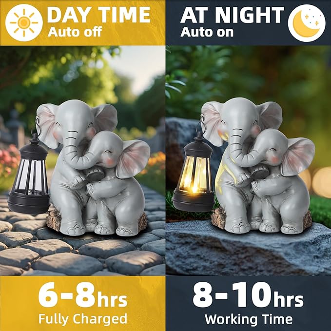 Solar Garden Decor - Mother Baby Elephant Statue with Solar Lantern 7" Resin Elephant Figurines Outdoor Yard Porch Lawn Patio Decor Housewarming Birthday Gift for Mom Grandma Women