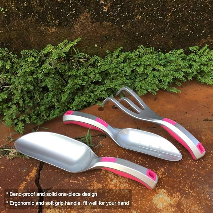 Gardening Tool Set Light Weight, 3PC Bend Proof Gardening Kits, Hand Shovel One-Piece Aluminum, Gardening Gifts for Women, Hand Scoop, Small Trowel, Garden Rake, Pink