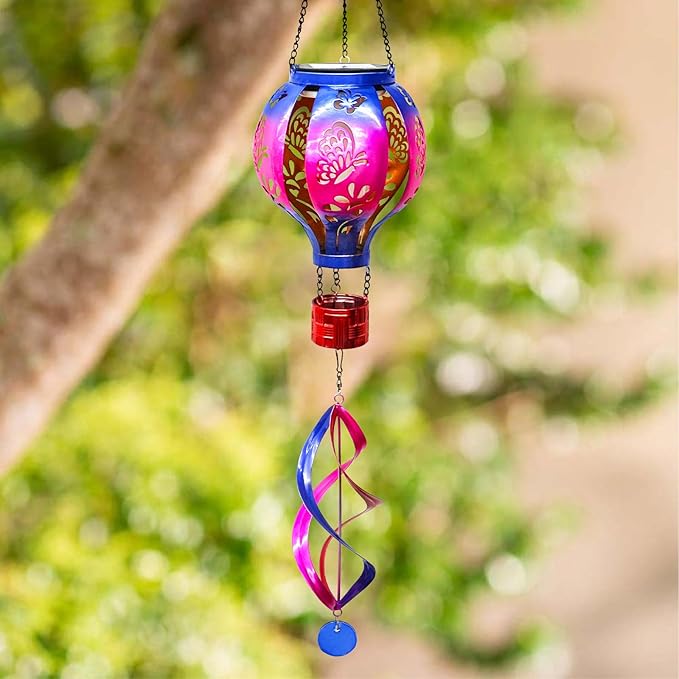 Hot Air Balloon Solar Lantern Butterfly Wind Spinners with Flickering Flame Light Hanging Solar Lantern Outdoor Waterproof Decorations for Outside Patio Garden Yard
