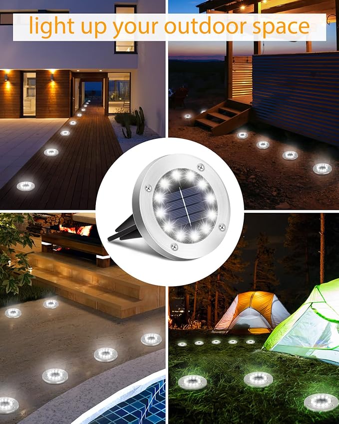 Coroor Solar Ground Lights, 12 LED Waterproof Garden Disk Lights for Outdoor Pathway, Yard, Lawn, Patio, Walkway, Pool (12 Packs White)