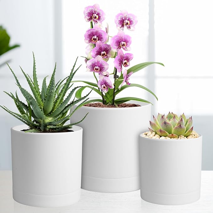 7/6.5/6/5/4 inch Flower Pots, 5 Pack Cylinder Plant Pots for Small Indoor Outdoor Plants, Plastic Planters with Drainage Holes and Saucers for Garden Succulent Nursery House Plants, White