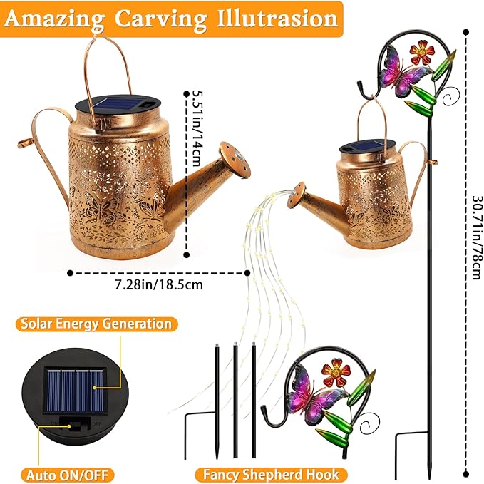Solar Powered Butterfly Watering Can Lights Waterproof Outdoor Garden Decor with Shepherd Hook Hanging Patio Lights for Yard, Porch, Backyard Perfect Gardening & Birthday Gift for Women, Mom, Grandma
