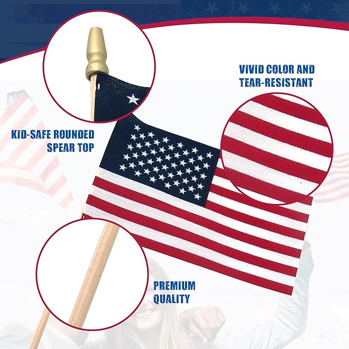 Super Tough Small American Stick Flags 4’’x6’’ | Cotton Outdoor Flag on 10’’ Wooden Stick with Spear Tip | Hand Held Flags Patriotic Decor for Various Holiday Parties and National Flag Day | 500 Pack