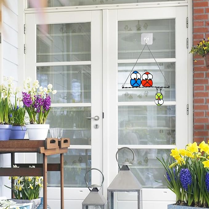 Multicolor Owls on a Wire High Suncatcher Panel, Bird Suncatcher for Windows Panels Hangings Hummingbird Glass Decoration for Wall Home Garden Decor Bird Owl Gift for Owl Lovers