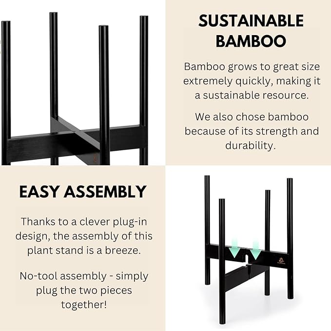 Fox & Fern Bamboo Plant Stand — 11.8 Inch Fixed Size Wooden Mid Century Plant Stand for Indoor Planters; Raised Large Flower Pot Holder for Indoor Big Pots; Plug In Design; Two Height Options - Dark Bamboo