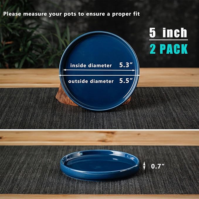 Ceramic Plant Saucer 5 Inch, 2 Pack Round Plant Saucers for Indoors/Outdoors, Flower Pot Saucers for Holding Water Drips and Soil, Ceramic Drainage Tray for Plant Pot (Blue)