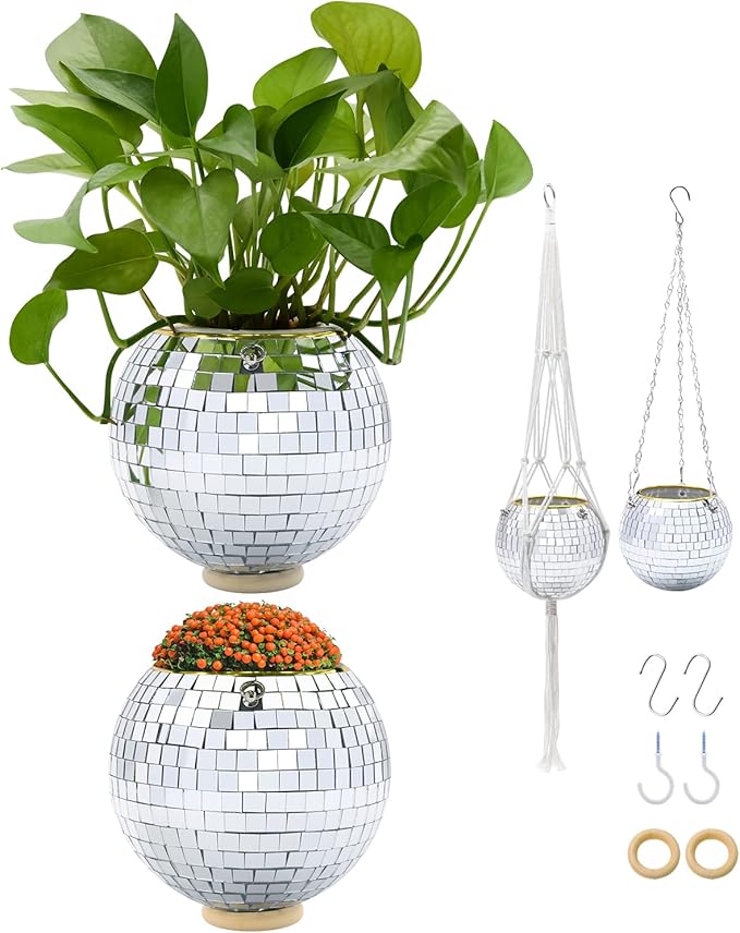 Disco Ball Planter, 2pcs 6" Silver Disco Ball Planter, Disco Ball Plant Hanger with Hanging Rope, Hanging Chain, Hook, Circle and Extra Mirror Pieces (6" Silver, 2pcs)
