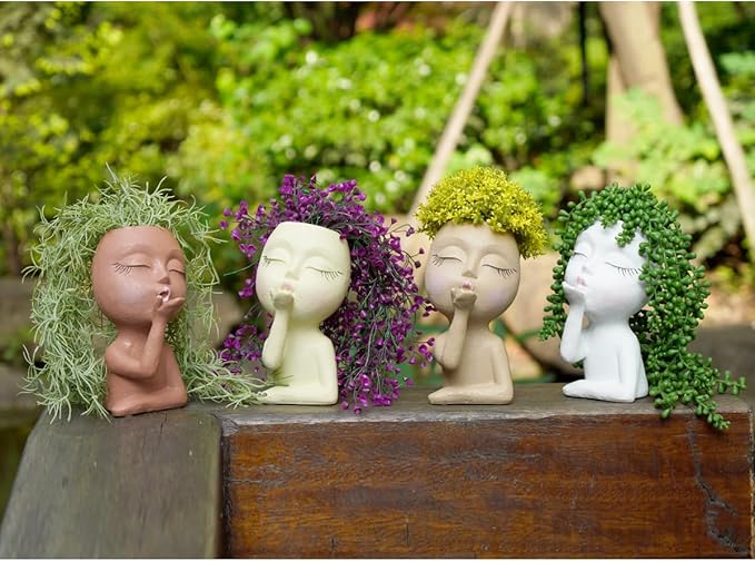 Cute Head Planter Pot/Face Planters for Indoor Plants,with Drainage Hole,Flower Pot Face pots Cute Lady Head Planters Pot for Indoor Outdoor Plants,Cute Resin Succulent Planter (White)