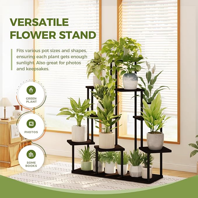 Bamworld Large Plant Stand Indoor, 9 Tier Tall Metal Plant Shelf for Multiple Plants, Tiered Flower Stand for Patio Garden Balcony Living Room Bedroom(Black)