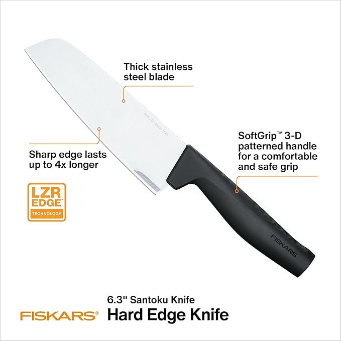 Fiskars 6.3" Santoku Knife, Kitchen Knife for Chopping, Dicing, and Mincing with Japanese Stainless Steel Hard Edge Blade, DIshwasher Safe