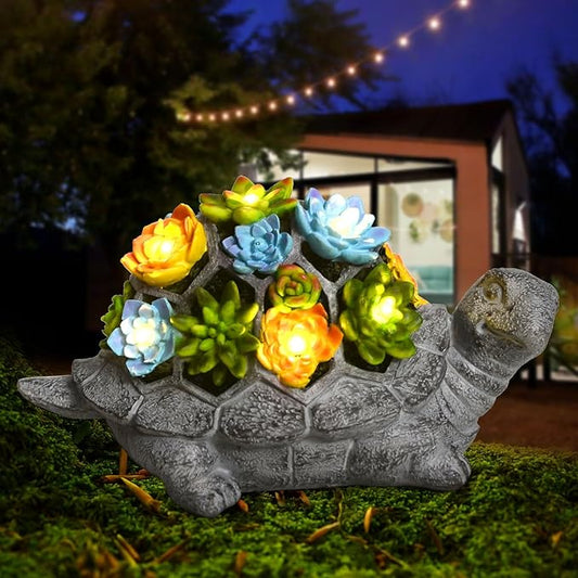 SIX FOXES Solar Garden Outdoor Statues Turtle with Succulent LED Lights - Large Size XXL(10.2×4.3×5.9 inches), Gifts for Mothers Day Mom Gifts for Women Grandma Wife