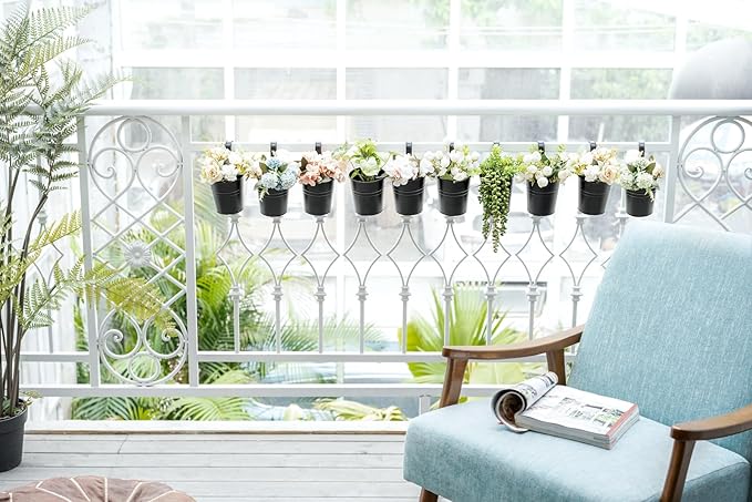 Dahey 10 Pcs Hanging Flower Pots Metal Iron Bucket Outdoor Planter for Railing Fence Balcony Garden Home Decoration Flower Holders with Detachable Hooks, Black, 5 Inches