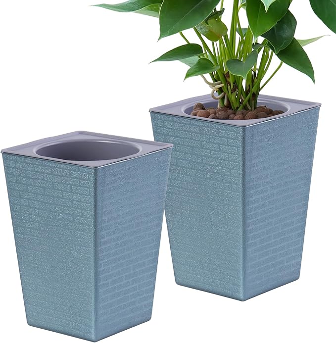 2 Pieces 6 Inch Self Watering Planter, Plastic Flower Pots with Inner Pot Indoor Plants Brick Pattern Flowerpot for Indoor Plants, African Violets, Flowers, Herbs (Antique Silver)