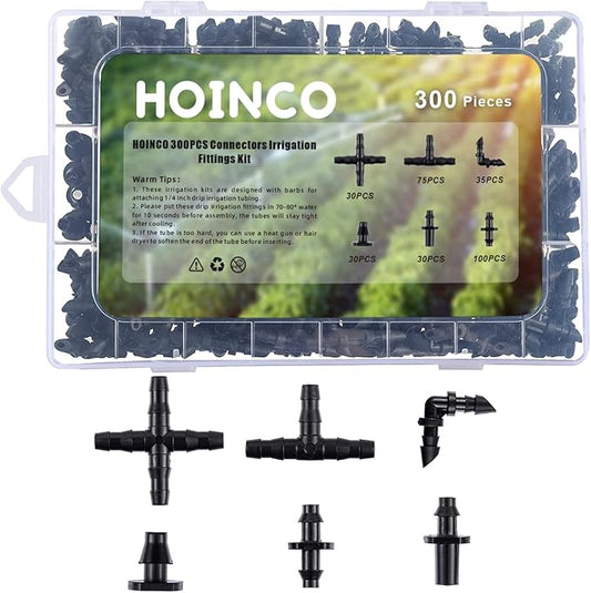 300PCS Irrigation Fittings Kit Drip Irrigation System,HOINCO Drip Irrigation Barbed Connectors for 1/4 Inch Tube, for Flower Pot Garden Lawn