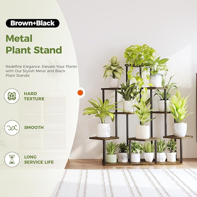 Bamworld Large Plant Stand Indoor, 9 Tier Tall Metal Plant Shelf for Multiple Plants, Tiered Flower Stand for Patio Garden Balcony Living Room Bedroom(Brown)