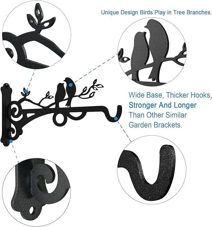 Multipurpose Hanging Basket Plant Brackets Outdoor Indoor, Heavy Duty Solid Steel Plant Hangers, Wall Mounted Lantern Hooks for Garden Plants Flower Light Bird Feeder, Pack of 2 Black