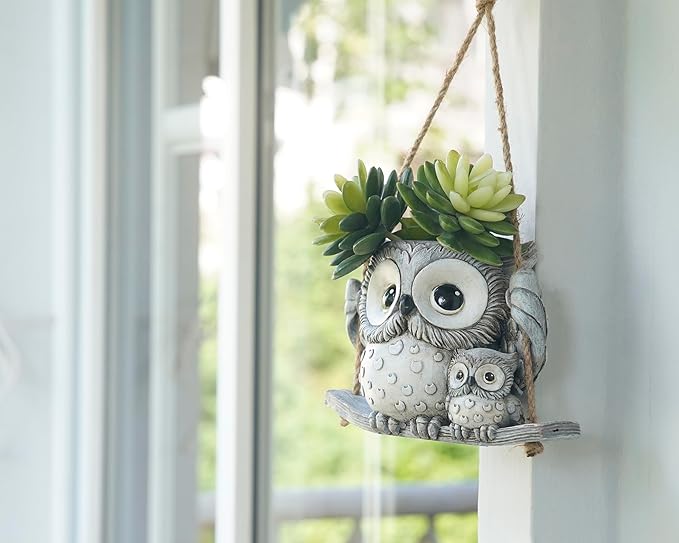 Swing Owl Hanging Planters for Indoor Plants, Cute Small Succulent Pots with Drainage Hole, Unique Resin Plant Hangers Outdoor, Hanging Plant Holder for String Of Pearls, Gift Ideas for Mother