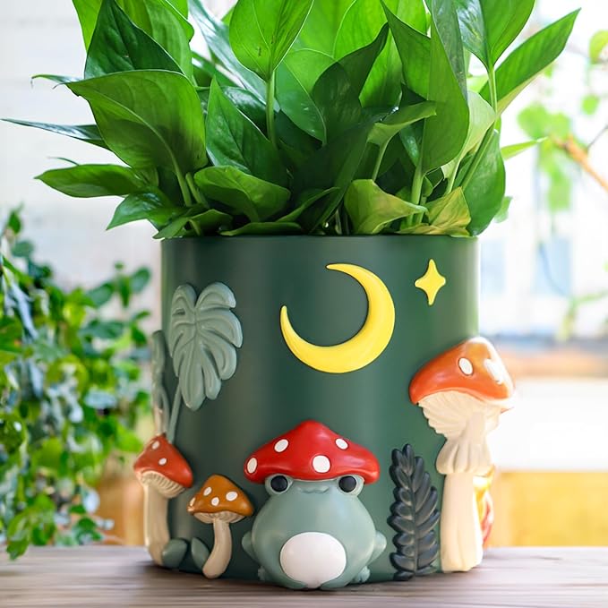 GUGUGO 8 Inch Colorful Frog Garden Planters Cute Unique Rainbow Planter with Drainage, Vintage Retro Mushroom Flower Plant pots for Indoor Plants, Eclectic Succulent Gardening Pot for Home Décor-B