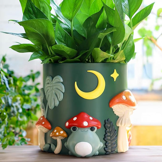 GUGUGO 8 Inch Colorful Frog Garden Planters Cute Unique Rainbow Planter with Drainage, Vintage Retro Mushroom Flower Plant pots for Indoor Plants, Eclectic Succulent Gardening Pot for Home Décor-B