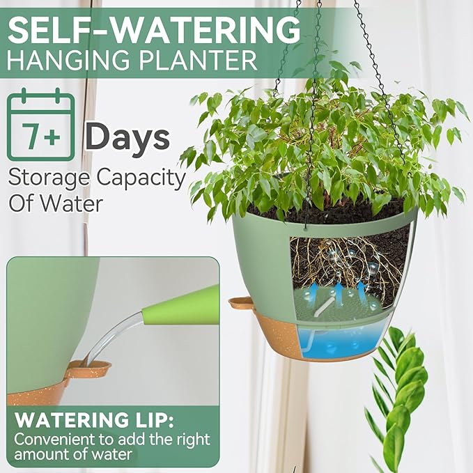 ZMTECH 12 Inch Hanging Planters for Indoor Outdoor Plants, 1 Pack Self Watering Hanging Plant Pots with Drainage Holes and Removable Saucer, Plastic Flower Hanging Pots with Watering Lip (Green)