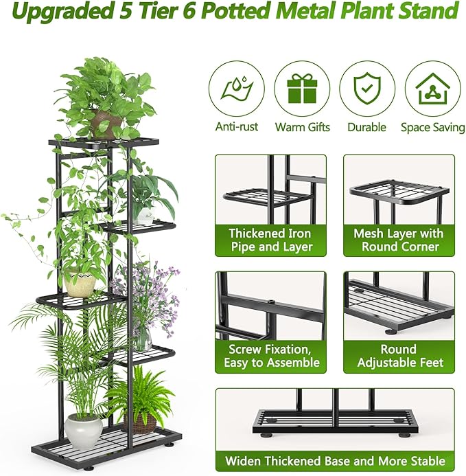 5 Tier 6 Potted Plant Stand Indoor with Gardening Tools and Gloves, Upgraded Corner Tall Metal Plant Shelf Organizer Outdoor, Multiple Flower Pot Holder Display Rack (5 -Tier Black)