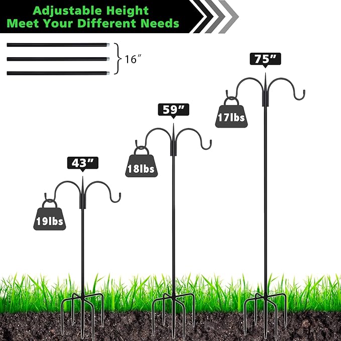 FEED GARDEN Adjustable Double Shepherds Hook for Outdoor with 5 Prong Base 76 Inch Heavy Duty Two Sided Bird Feeder Pole for Hanging Plant Baskets, Solar Light Lanterns, Wind Chimes 2 Pack