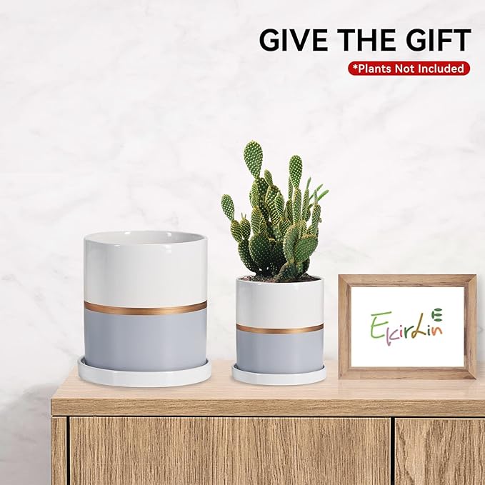 Ekirlin 5 inch Plant Pot - Ceramic Flower Planters Indoor - Modern Succulents Containers with Drain Hole Saucer, Decorate Home, Office & Outdoor (Grey)