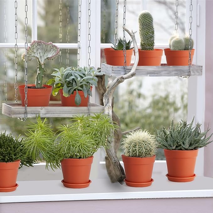 12 Pack 4 inch Plastic Planters, Seedlings Plant Nursery Pots with Drainage Holes and Saucers for Plants Flowers Succulent and All House Plants, Terracotta