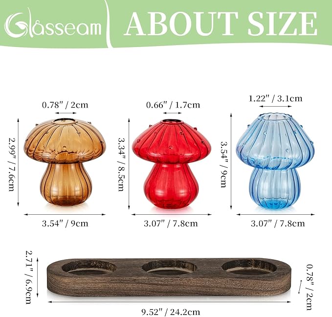 Glasseam Mushroom Plant Propagation Station: Glass Plant Terrarium Jar with Wood Stand Unique Hydroponic Planters for Indoor Plants Cute Propagation Vase for Plant Lovers Home Office Decor 3Pcs