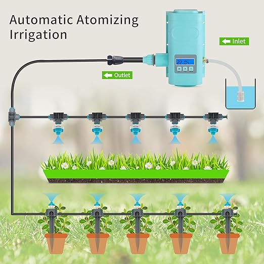 Automatic drip Irrigation Sprinkler kit, LCD Display, Supporting 15 nozzles, with Multiple Installation Methods for nozzles, Automatic Watering System for Plants,with Digital Programmable Water Timer