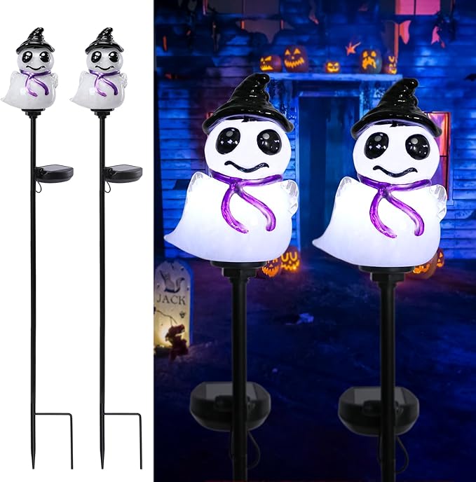 Afirst Halloween Ghosts Pathway Solar Lights Handblown Glass Waterproof Outdoor Halloween Decoration Solar LED Outdoor Décor Front Porch Decor 2 Pack