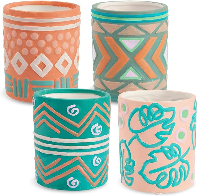 Bright Creations - Themed Designs, Unpainted Flower Pots with Drainage Holes, Rubber Plugs, and Small Sticker Pads (3x3x4 inches, White) - Set of 4