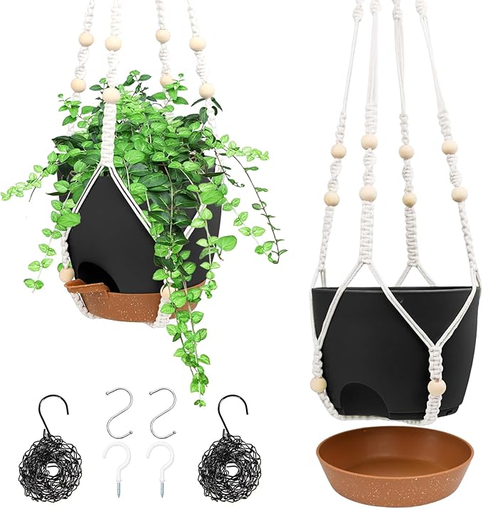 Hanging Planters for Indoor Outdoor Plants, 2 Pack Self Watering Hanging Pot with Drainage Holes, Removable Tray & 2 Kinds of Plant Hangers, 8'' Hanging Flower Pots for Home Garden Decor, Black