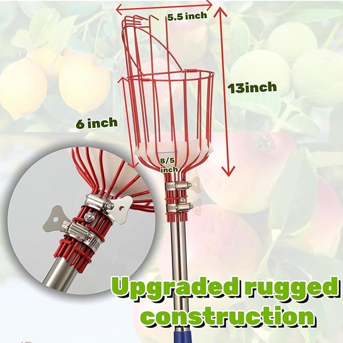 Adjustable Fruit Picker with Telescoping Handle and Basket, 13ft - Ideal for Apple, Orange, Avocado, Lemon, Pear, and Mango Harvesting