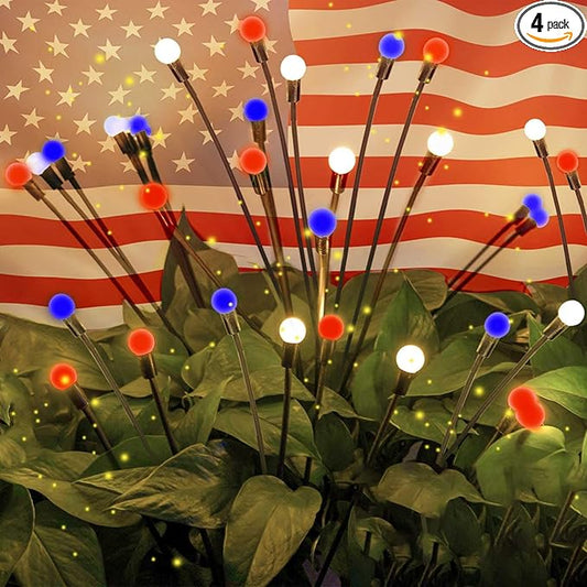OZS 4pack Solar American Flag Lights - 4th of July Solar Garden Outdoor Waterproof Firefly Light for Memory Day, Independence Day, National Day Decoration (Red White Blue)