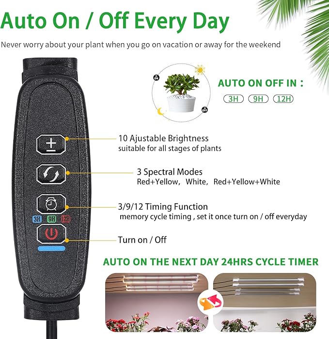 Four Strip Growing Lamp for Indoor Plants, Red & 3000K & 6000K Full Spectrum LED Grow Light Strips with Auto ON/Off 3/9/12H Timer,10 Dimmable Levels for Green House Succulent (13 in)