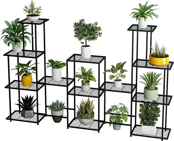 Tall Multi Tier Plant Stand, 13 Tiers Multifunctional Plant Stands for Indoor Plants, Decorative Black Steel Plant Shelf for ontdoor Patio Garden Balcony and Yard