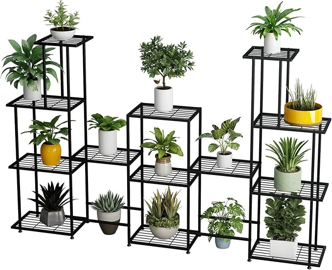 Tall Multi Tier Plant Stand, 13 Tiers Multifunctional Plant Stands for Indoor Plants, Decorative Black Steel Plant Shelf for ontdoor Patio Garden Balcony and Yard